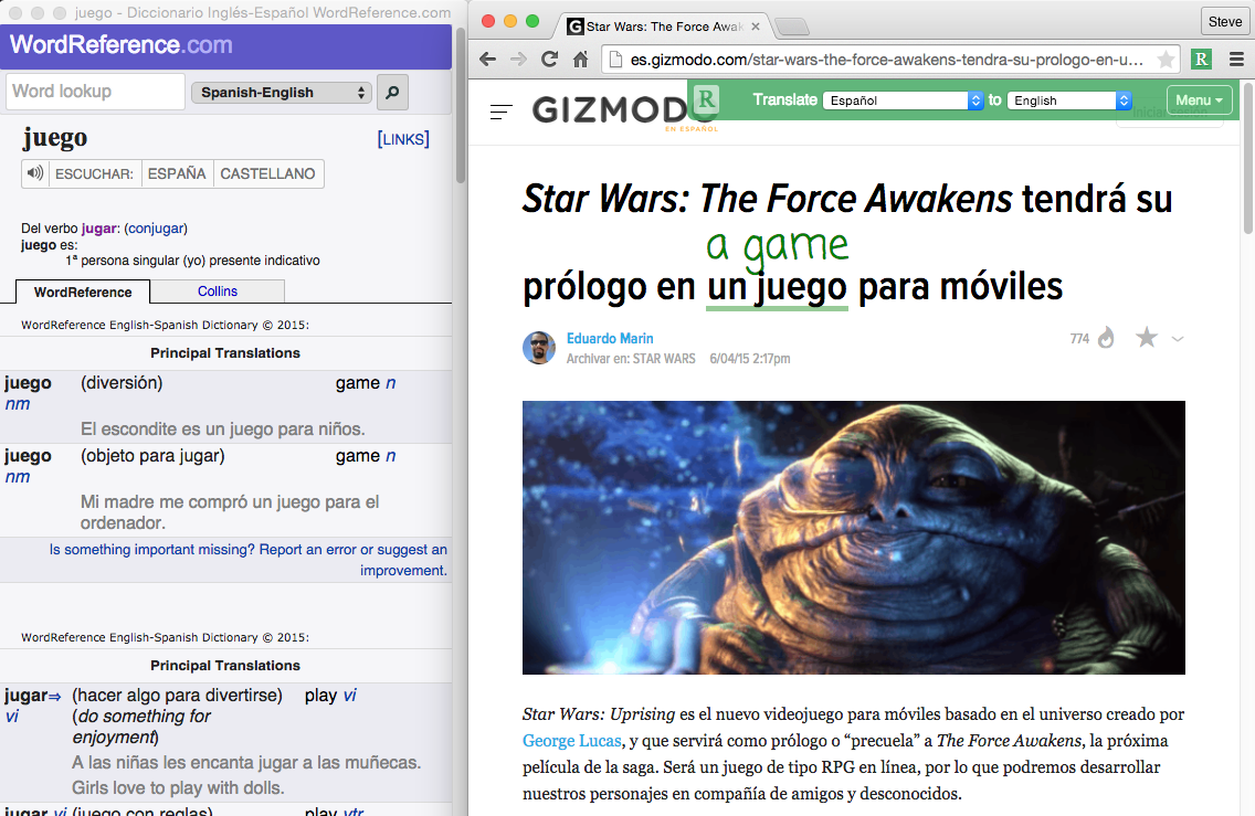 Web Reader with Dictionary reading Star Wars