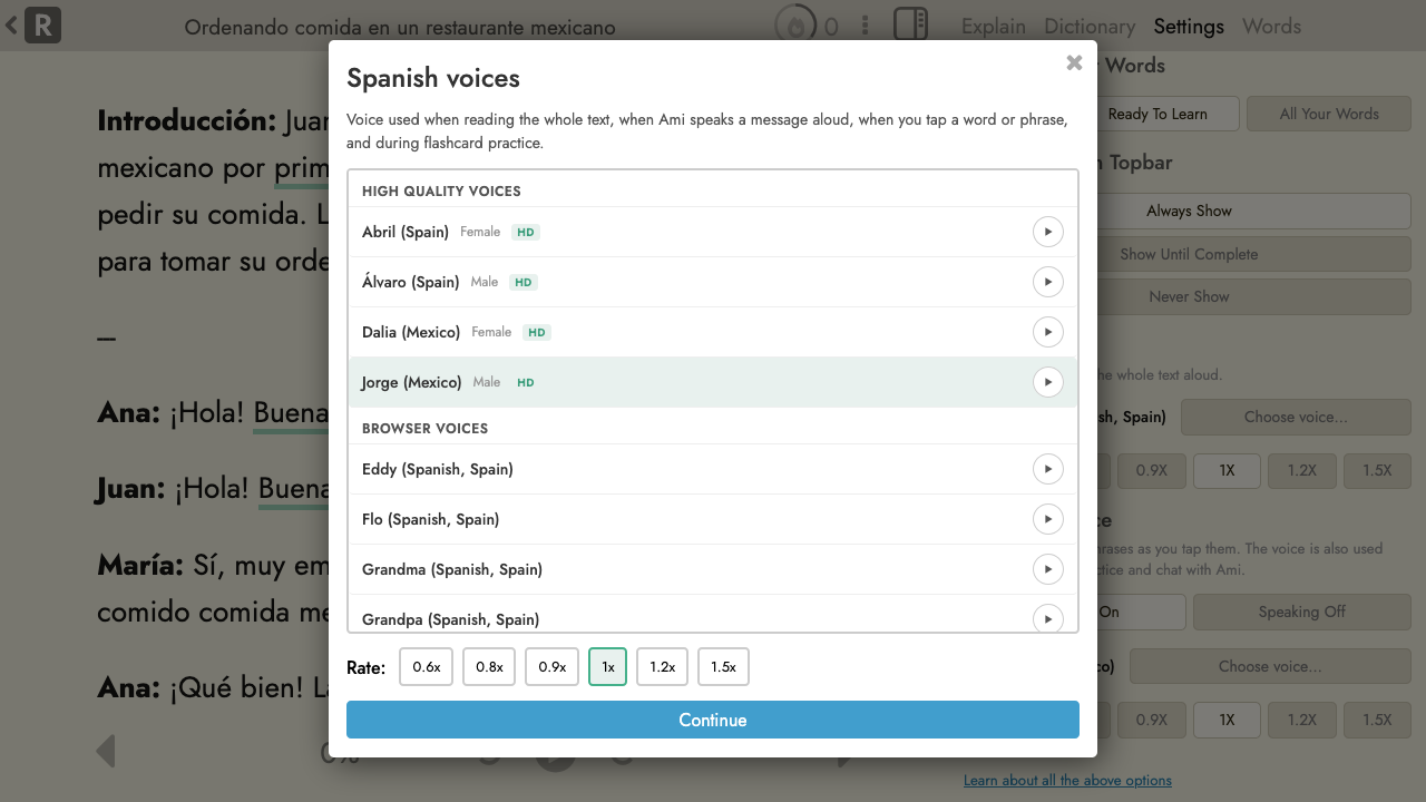 Spanish voice picker showing high quality voices for Spain and Mexico, plus browser voices