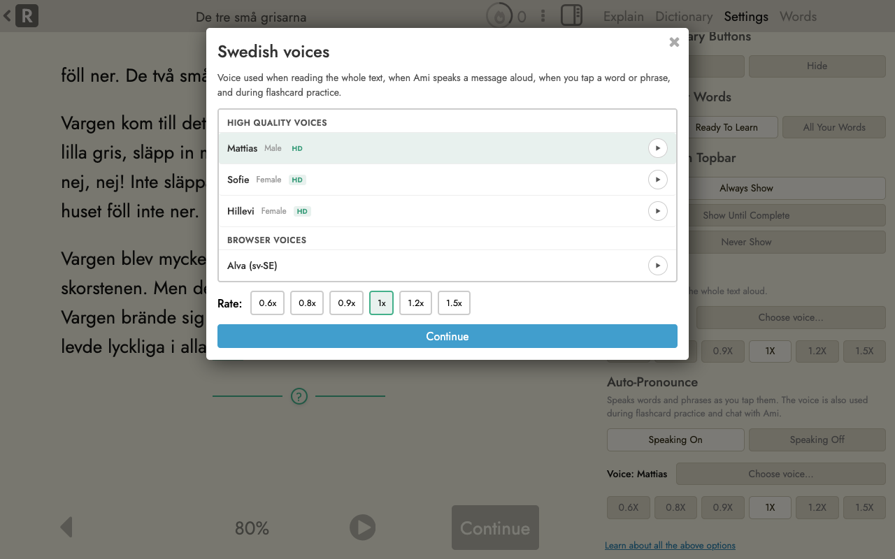 Voice picker showing high quality voices and browser voices for Swedish